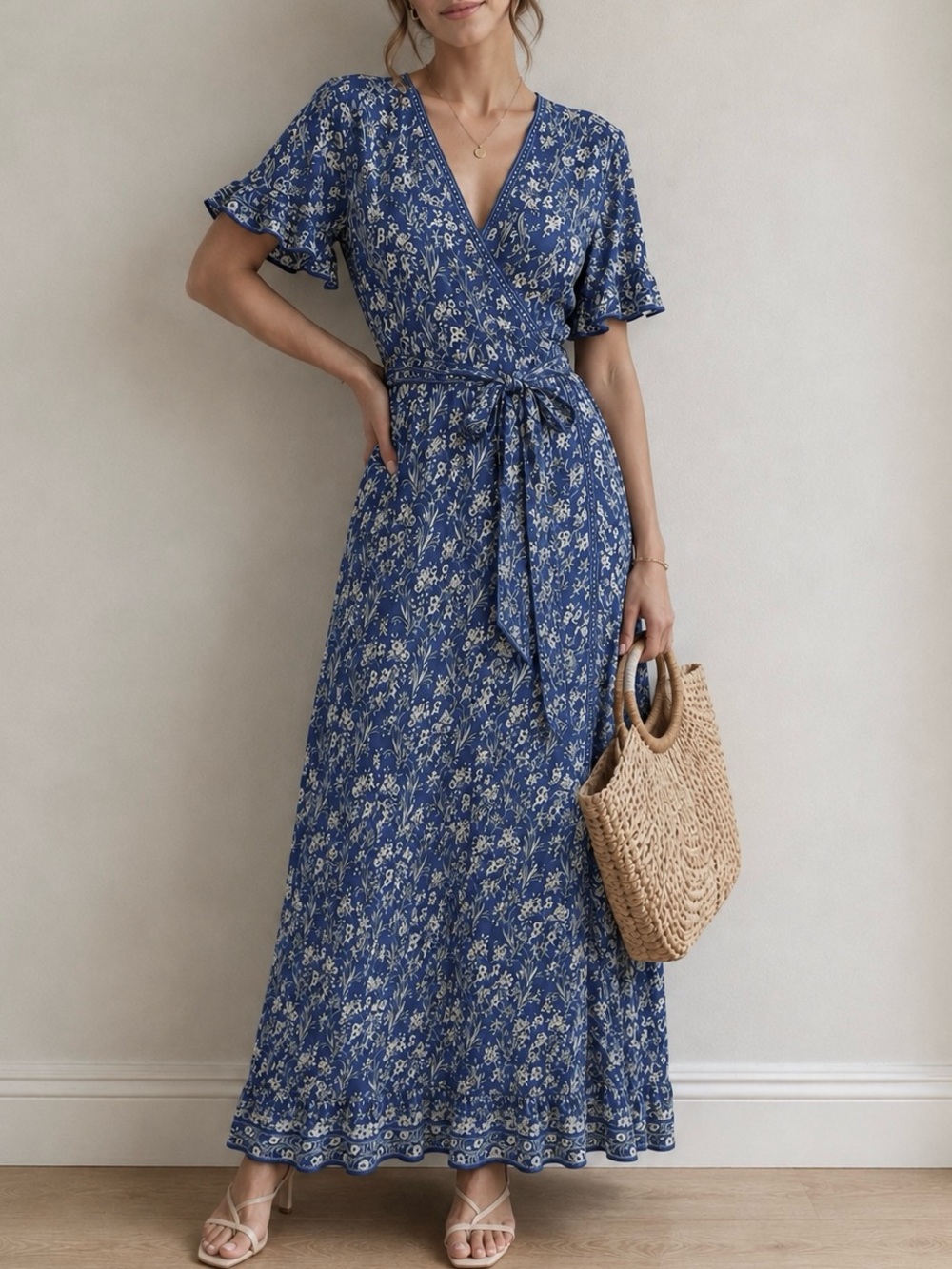 MAX STUDIO Blue Floral Wrap Maxi Dress Cottagecore Prairie Boho